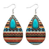 Aztec Pattern Wood and Turquoise Drop Earrings